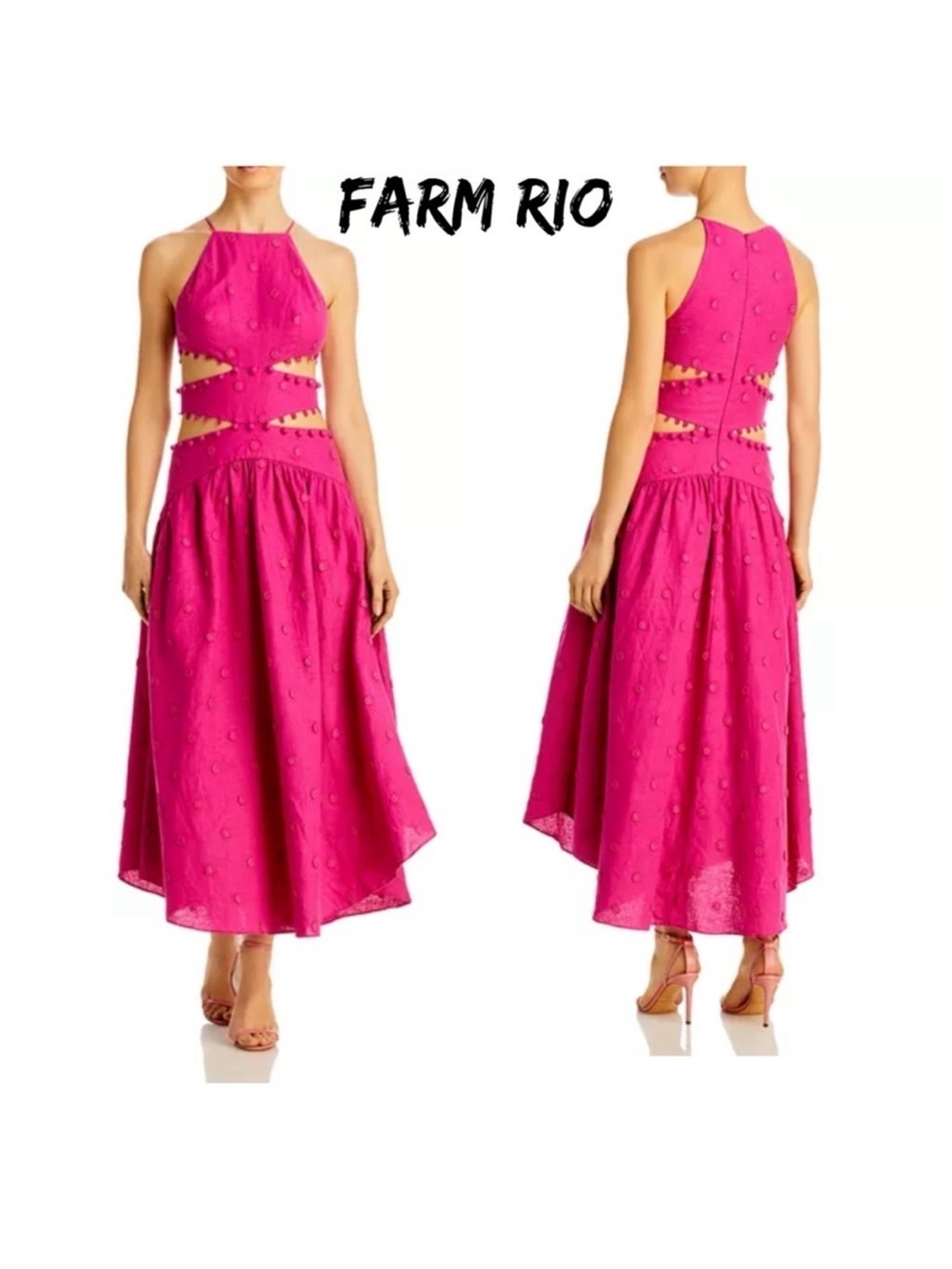FARM Rio Hot Pink Halter Cutout Midi Dress